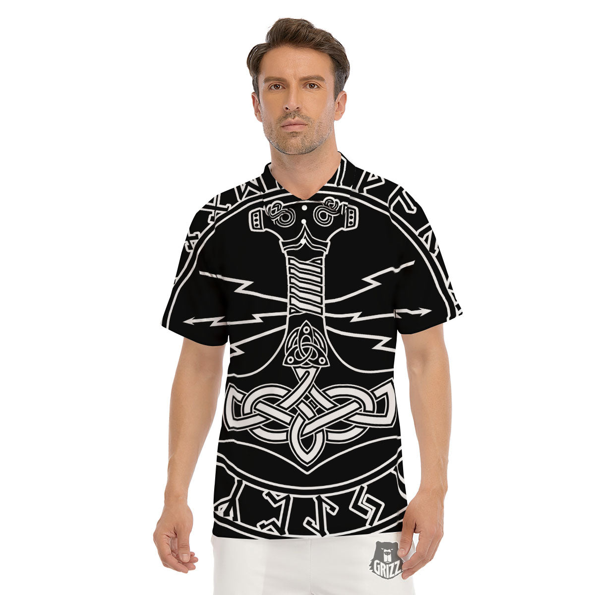 Younger Futhark And Mjolnir Print Men's Golf Shirts-grizzshop