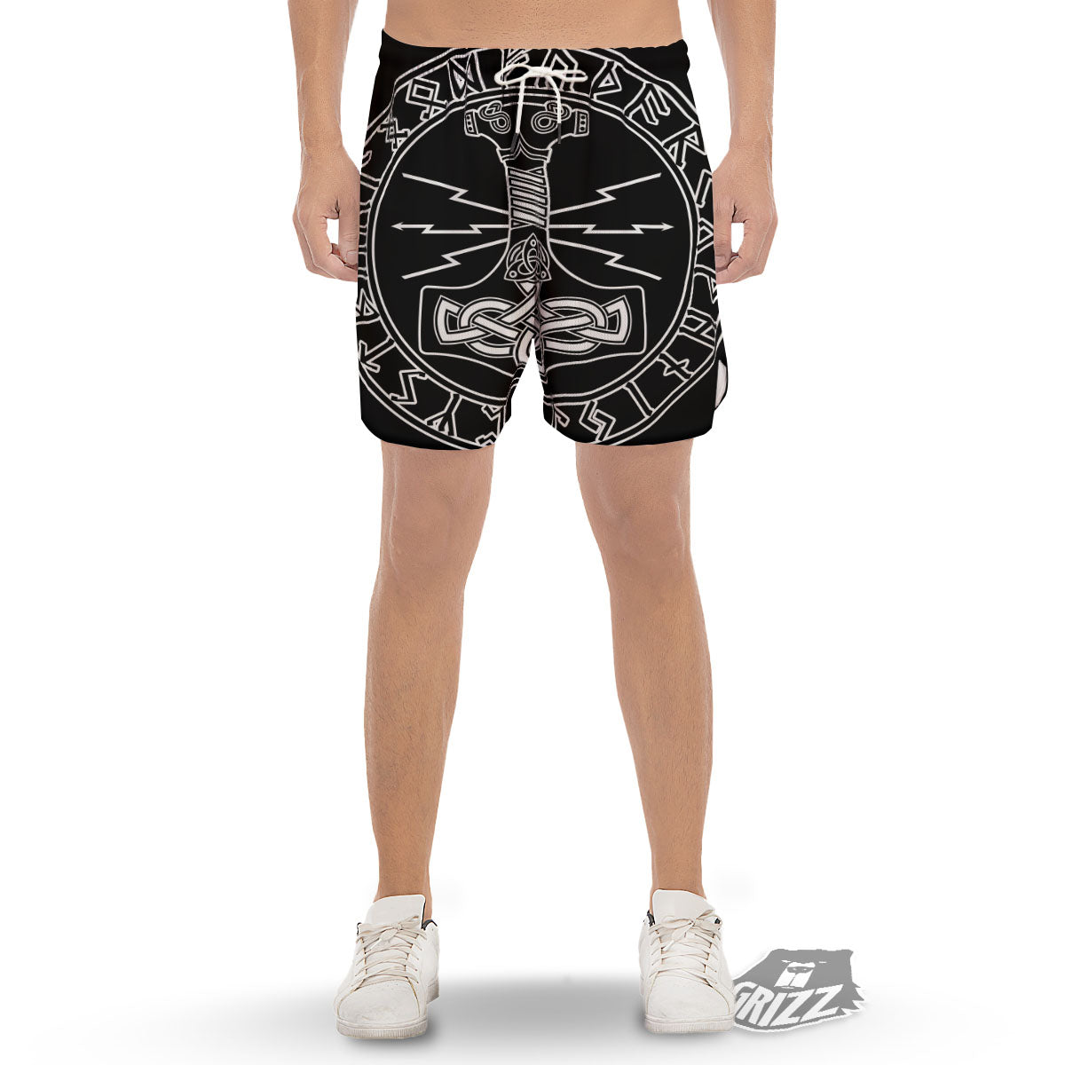 Younger Futhark And Mjolnir Print Men's Gym Shorts-grizzshop
