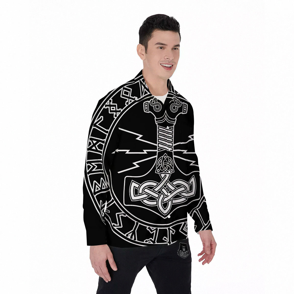 Younger Futhark And Mjolnir Print Men's Long Sleeve Shirts-grizzshop