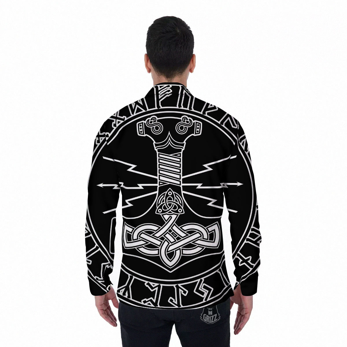 Younger Futhark And Mjolnir Print Men's Long Sleeve Shirts-grizzshop