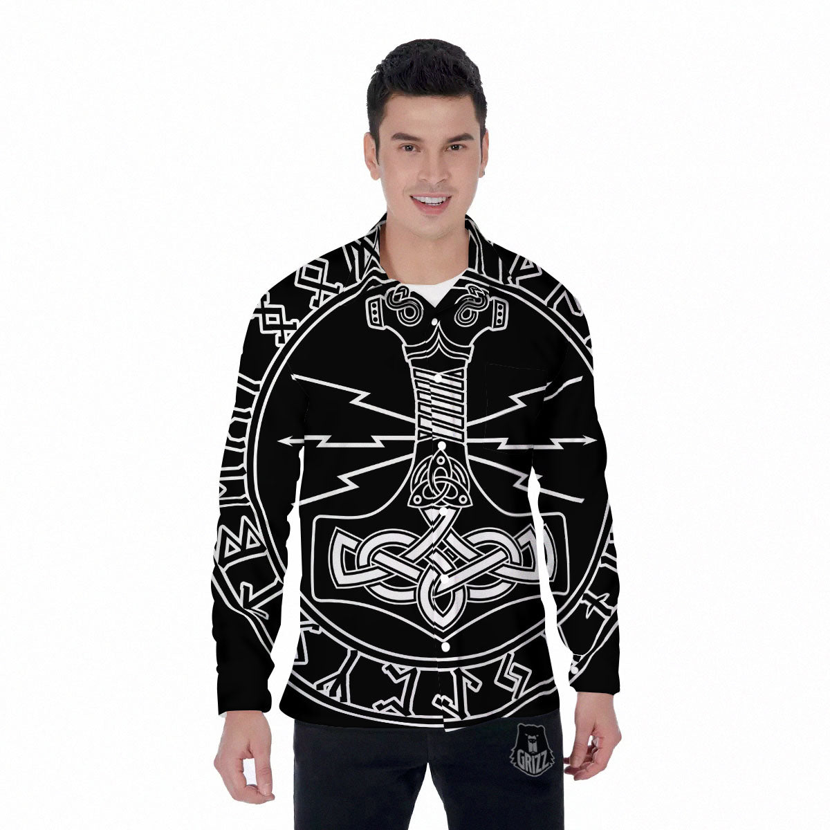 Younger Futhark And Mjolnir Print Men's Long Sleeve Shirts-grizzshop