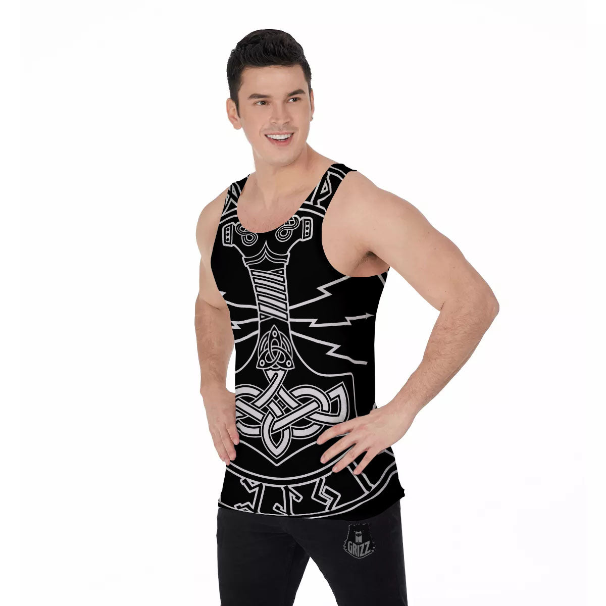 Younger Futhark And Mjolnir Print Men's Tank Top-grizzshop