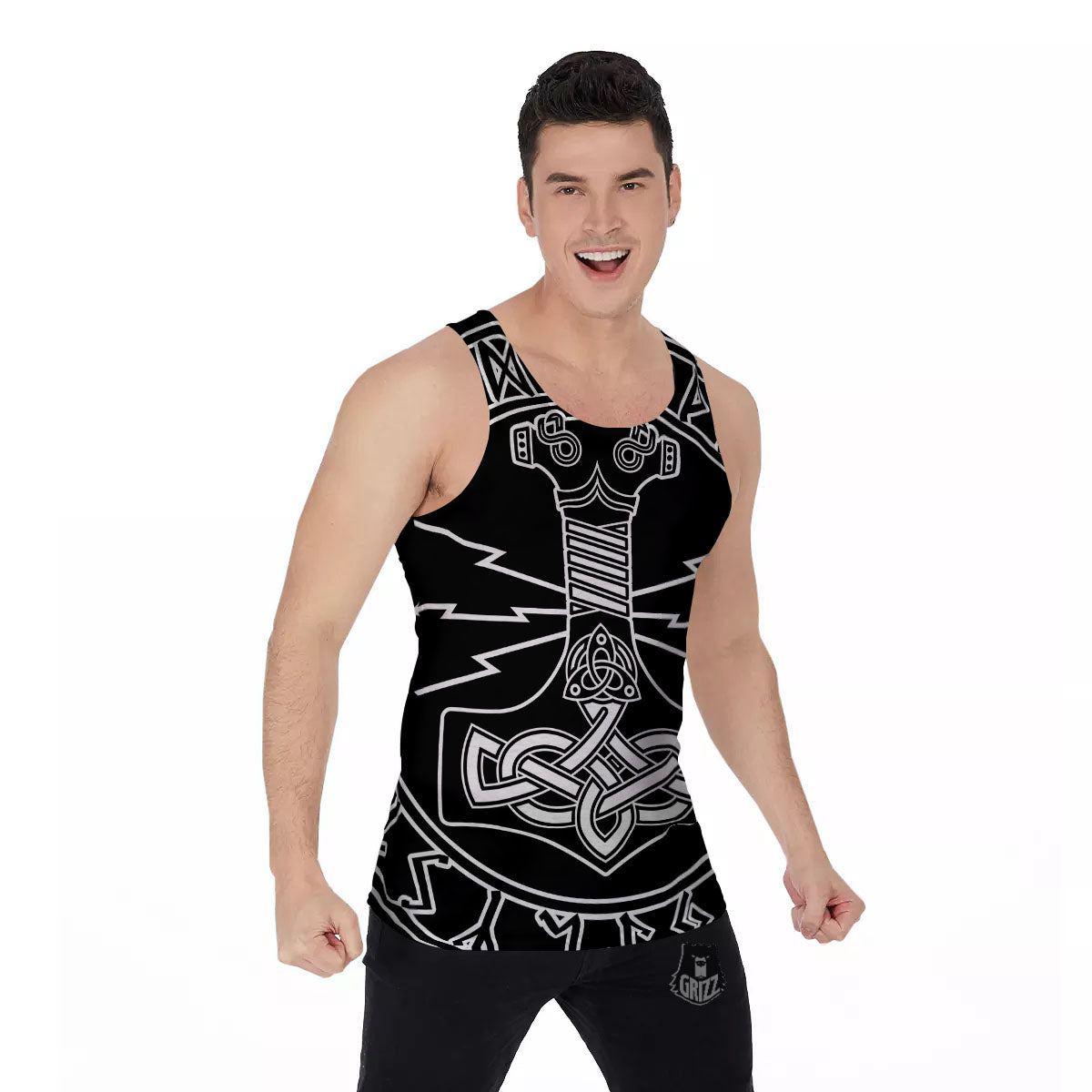 Younger Futhark And Mjolnir Print Men's Tank Top-grizzshop