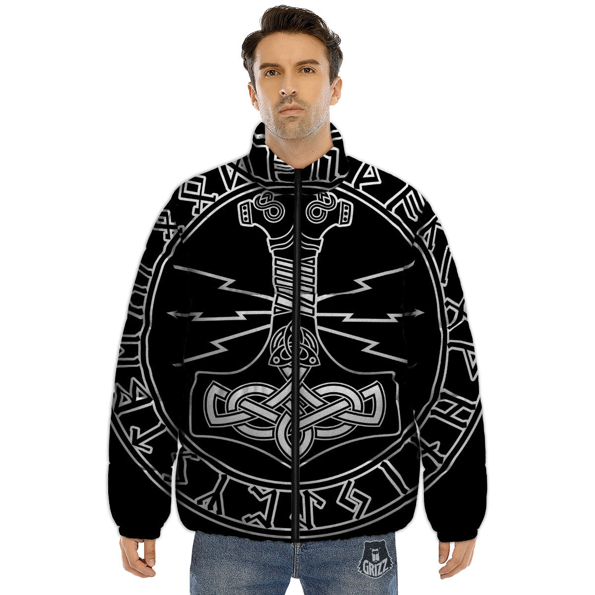 Younger Futhark And Mjolnir Print Puffer Jacket-grizzshop