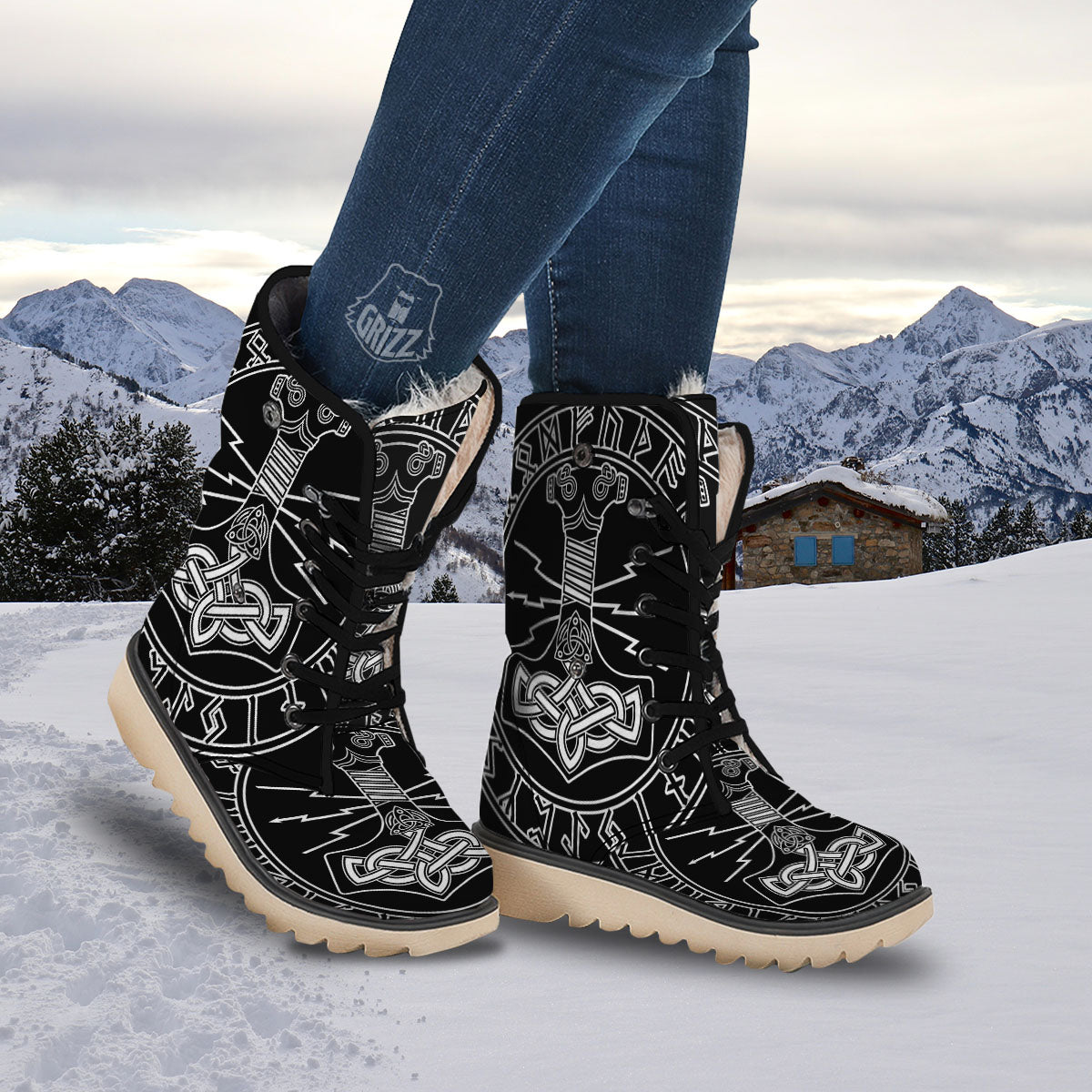 Younger Futhark And Mjolnir Print Snow Boots-grizzshop