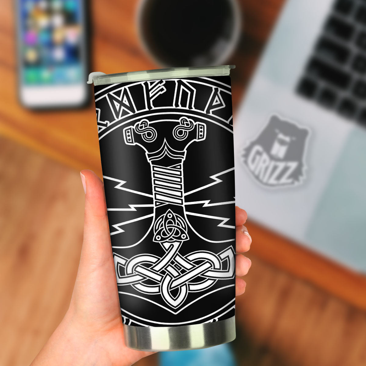 Younger Futhark And Mjolnir Print Tumbler-grizzshop