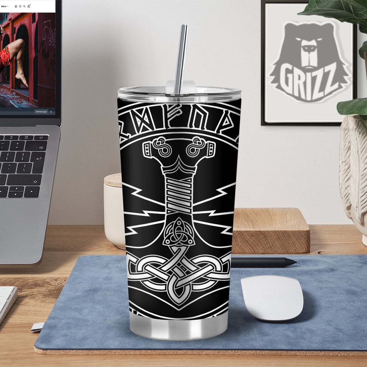 Younger Futhark And Mjolnir Print Tumbler-grizzshop