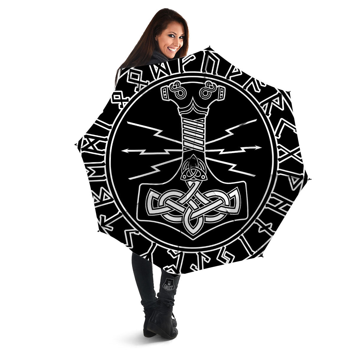 Younger Futhark And Mjolnir Print Umbrella-grizzshop