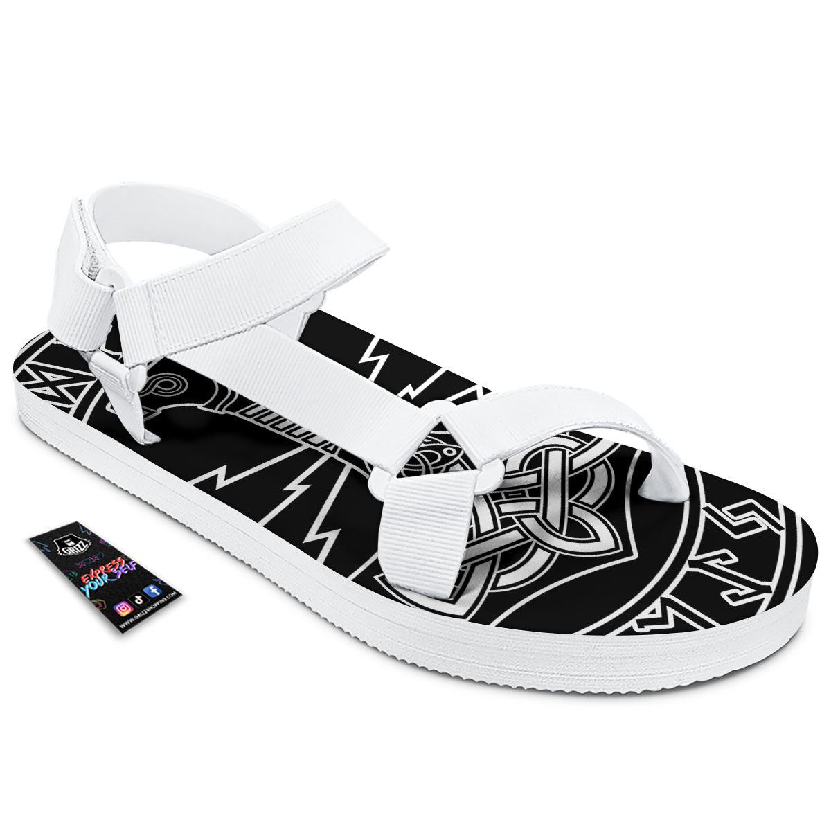 Younger Futhark And Mjolnir Print White Open Toe Sandals-grizzshop