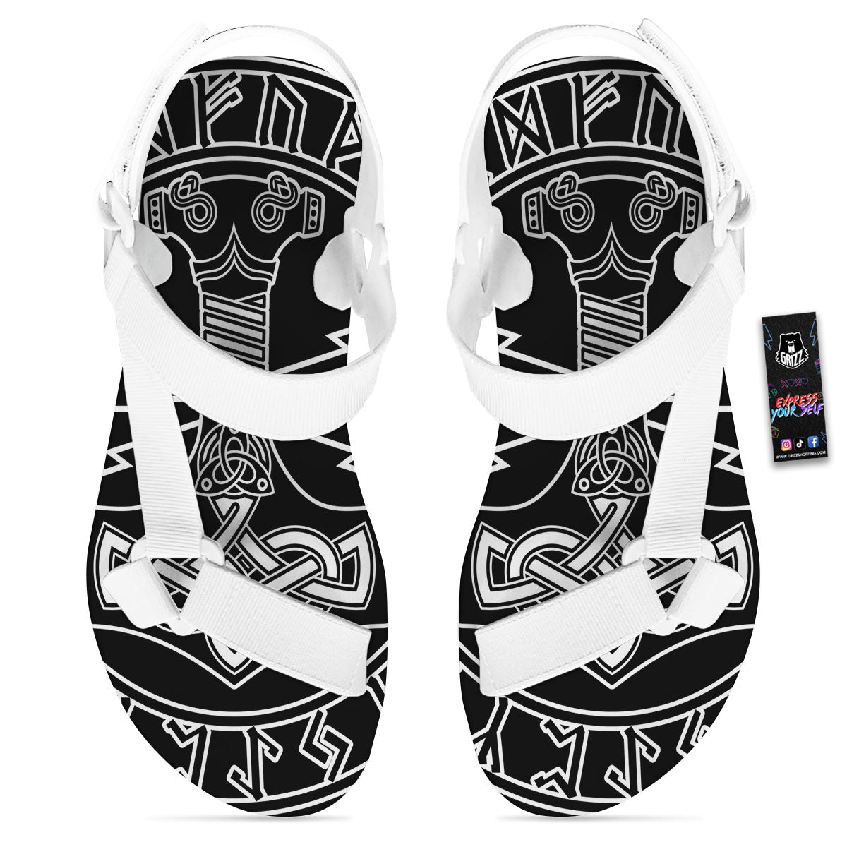Younger Futhark And Mjolnir Print White Open Toe Sandals-grizzshop
