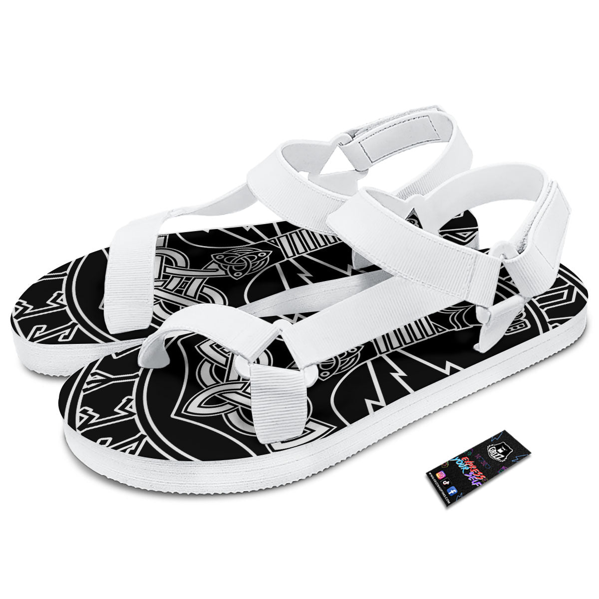 Younger Futhark And Mjolnir Print White Open Toe Sandals-grizzshop