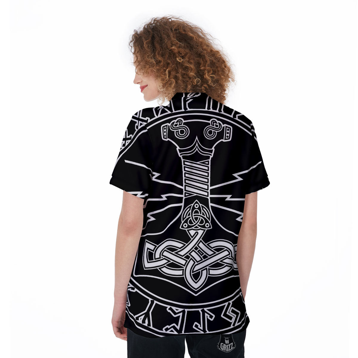 Younger Futhark And Mjolnir Print Women's Golf Shirts-grizzshop