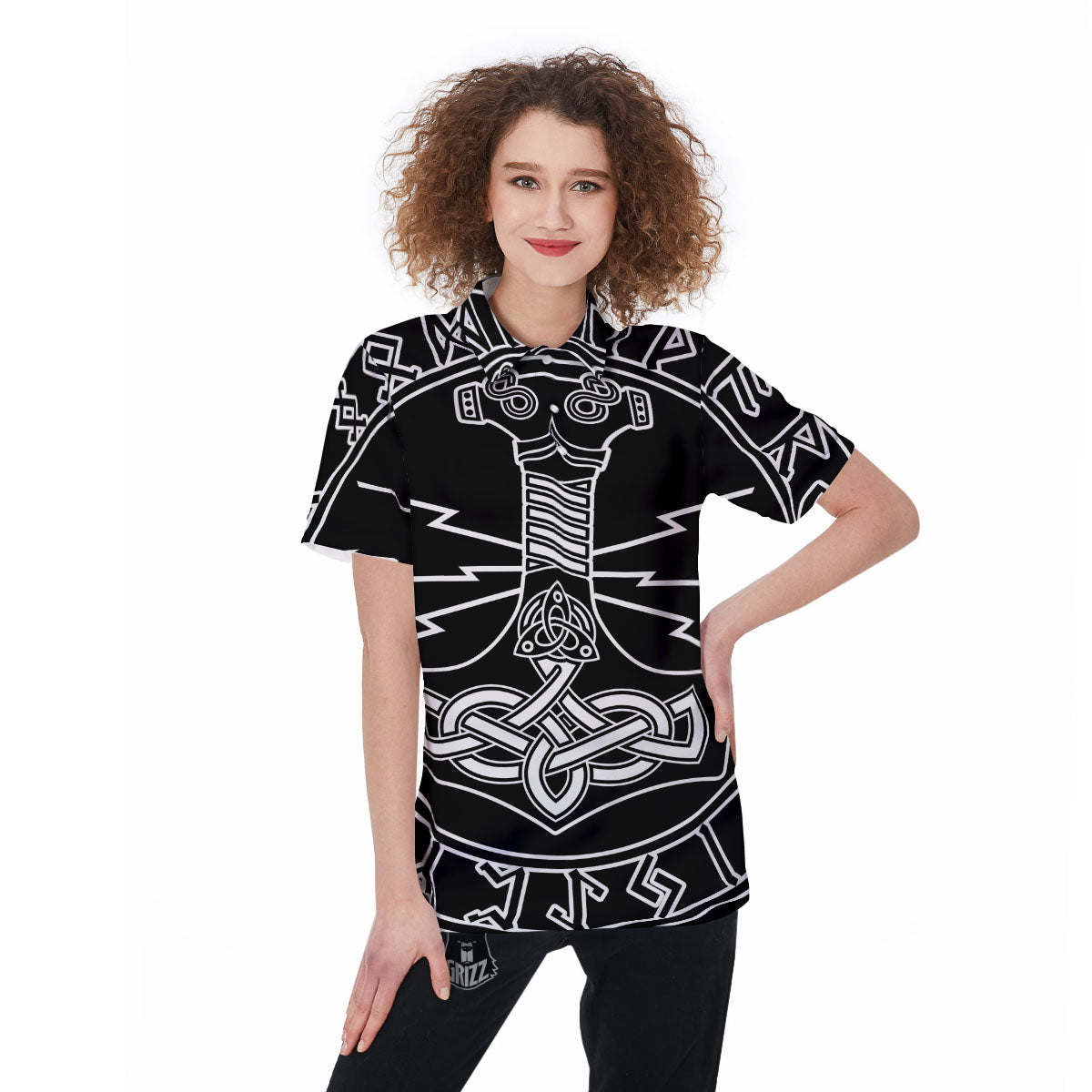 Younger Futhark And Mjolnir Print Women's Golf Shirts-grizzshop