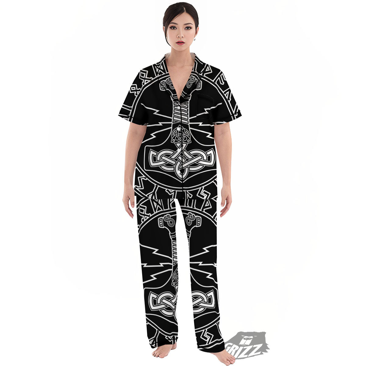 Younger Futhark And Mjolnir Print Women's Pajamas Set-grizzshop