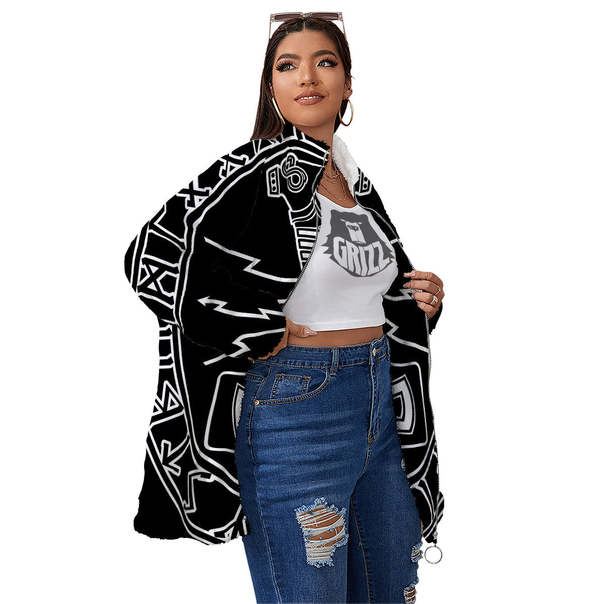 Younger Futhark And Mjolnir Print Women's Sherpa Jacket-grizzshop