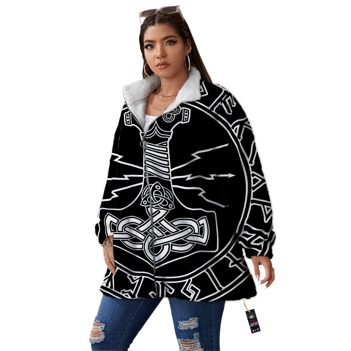 Younger Futhark And Mjolnir Print Women's Sherpa Jacket-grizzshop