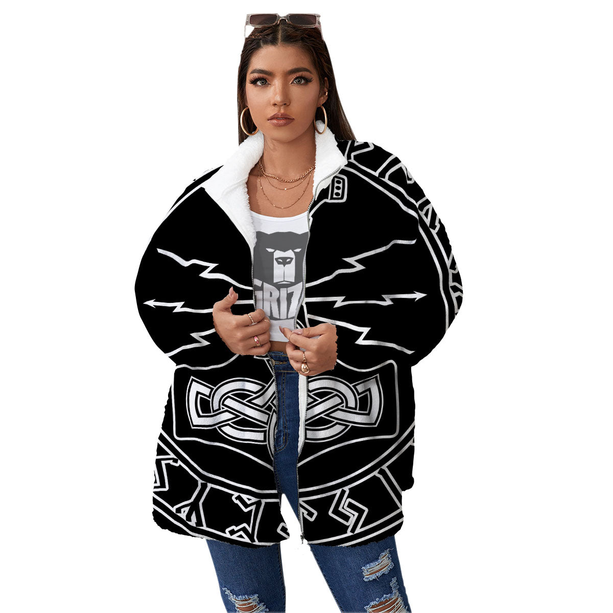 Younger Futhark And Mjolnir Print Women's Sherpa Jacket-grizzshop