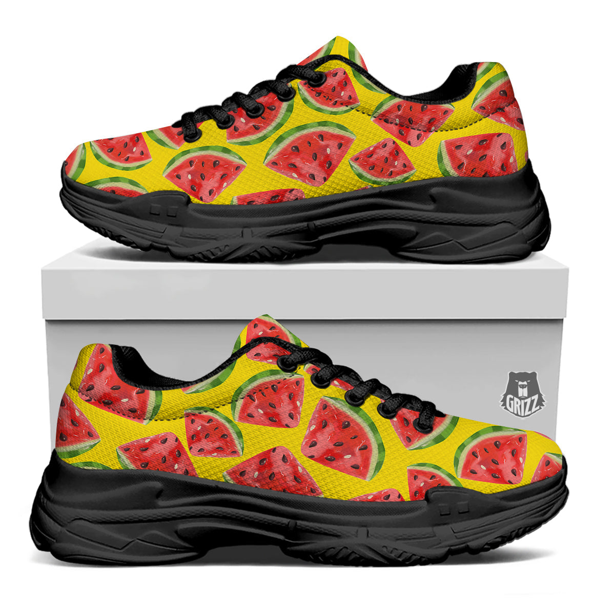 Yummy Watermelon Pieces Print Pattern Black Chunky Shoes-grizzshop