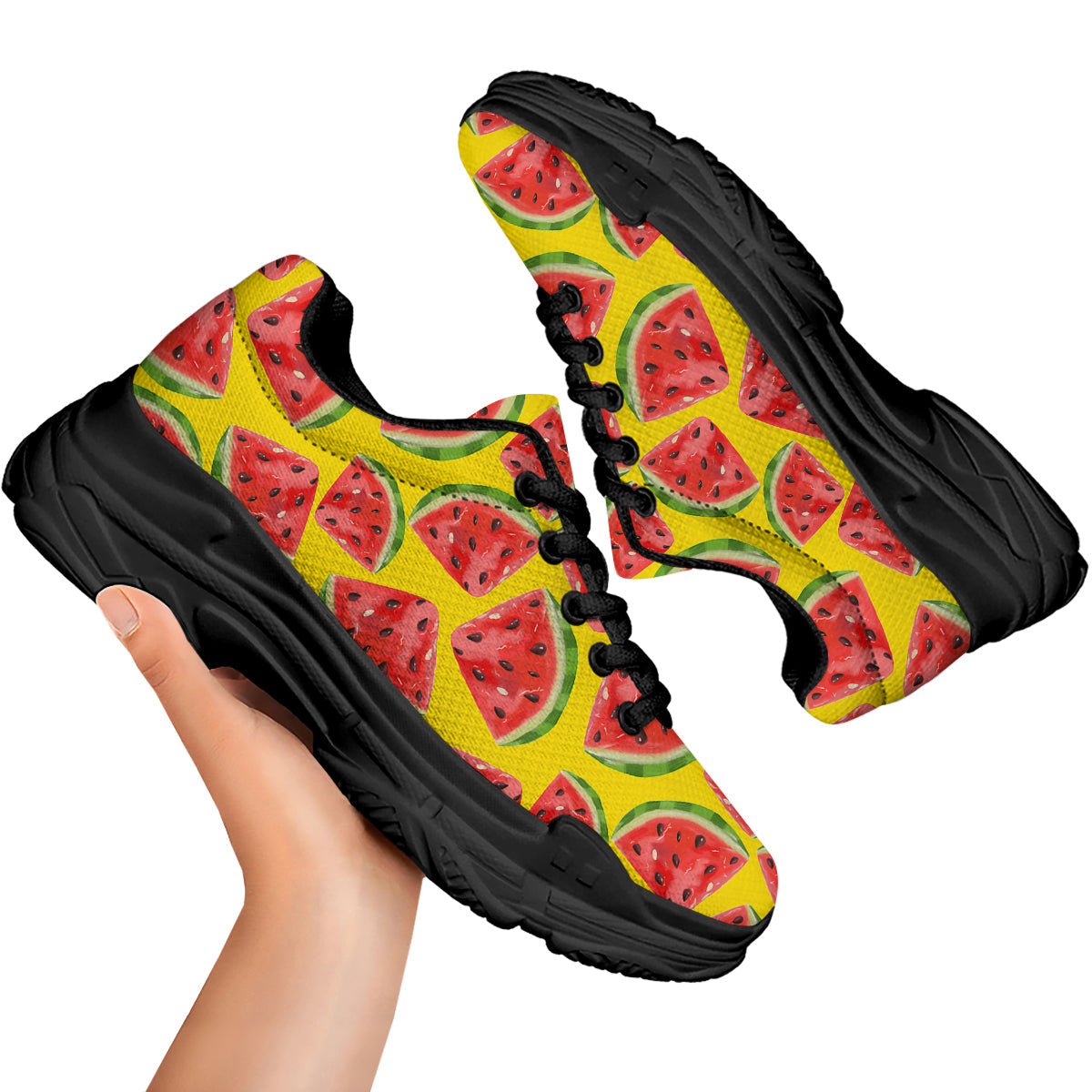 Yummy Watermelon Pieces Print Pattern Black Chunky Shoes-grizzshop