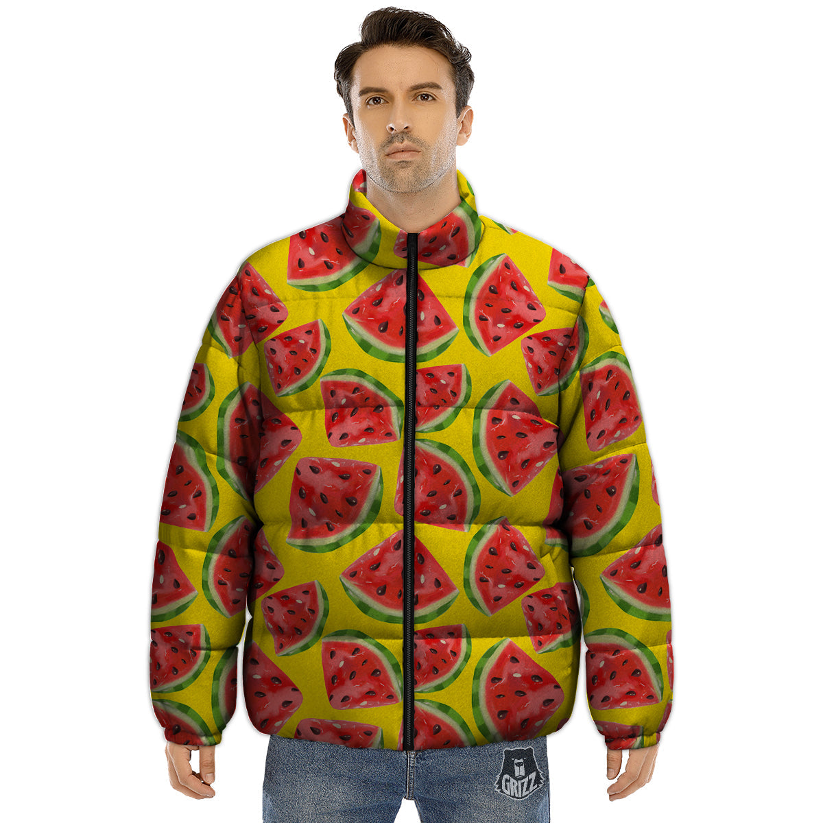 Yummy Watermelon Pieces Print Pattern Puffer Jacket-grizzshop