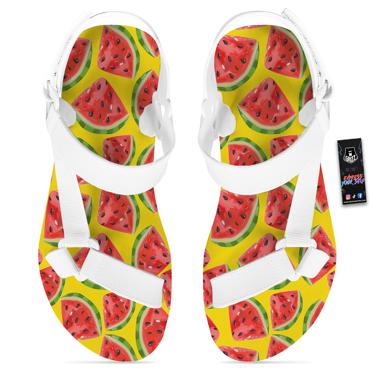 Yummy Watermelon Pieces Print Pattern White Open Toe Sandals-grizzshop