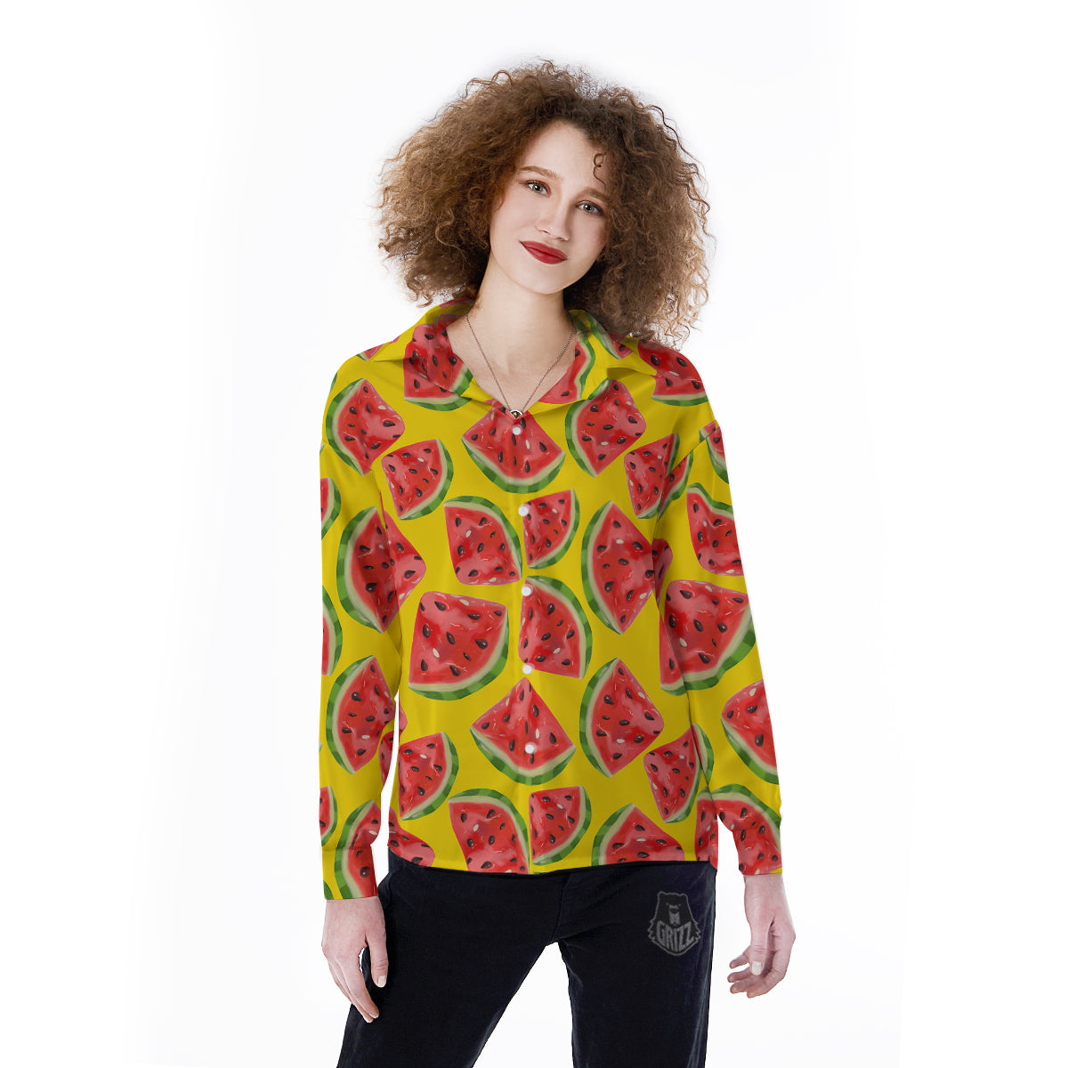 Yummy Watermelon Pieces Print Pattern Women's Long Sleeve Shirts-grizzshop
