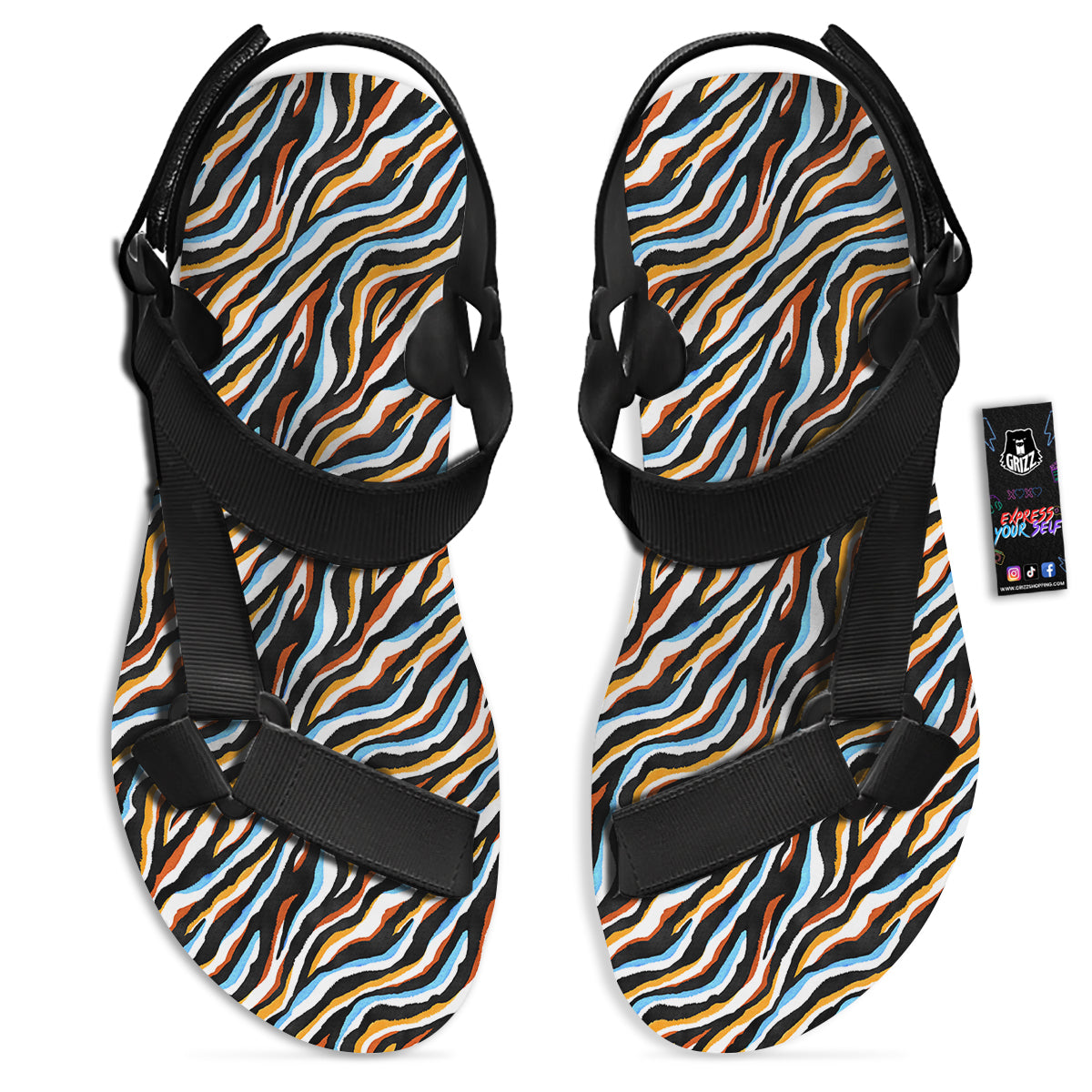 Zebra Abstract Print Pattern Black Open Toe Sandals-grizzshop