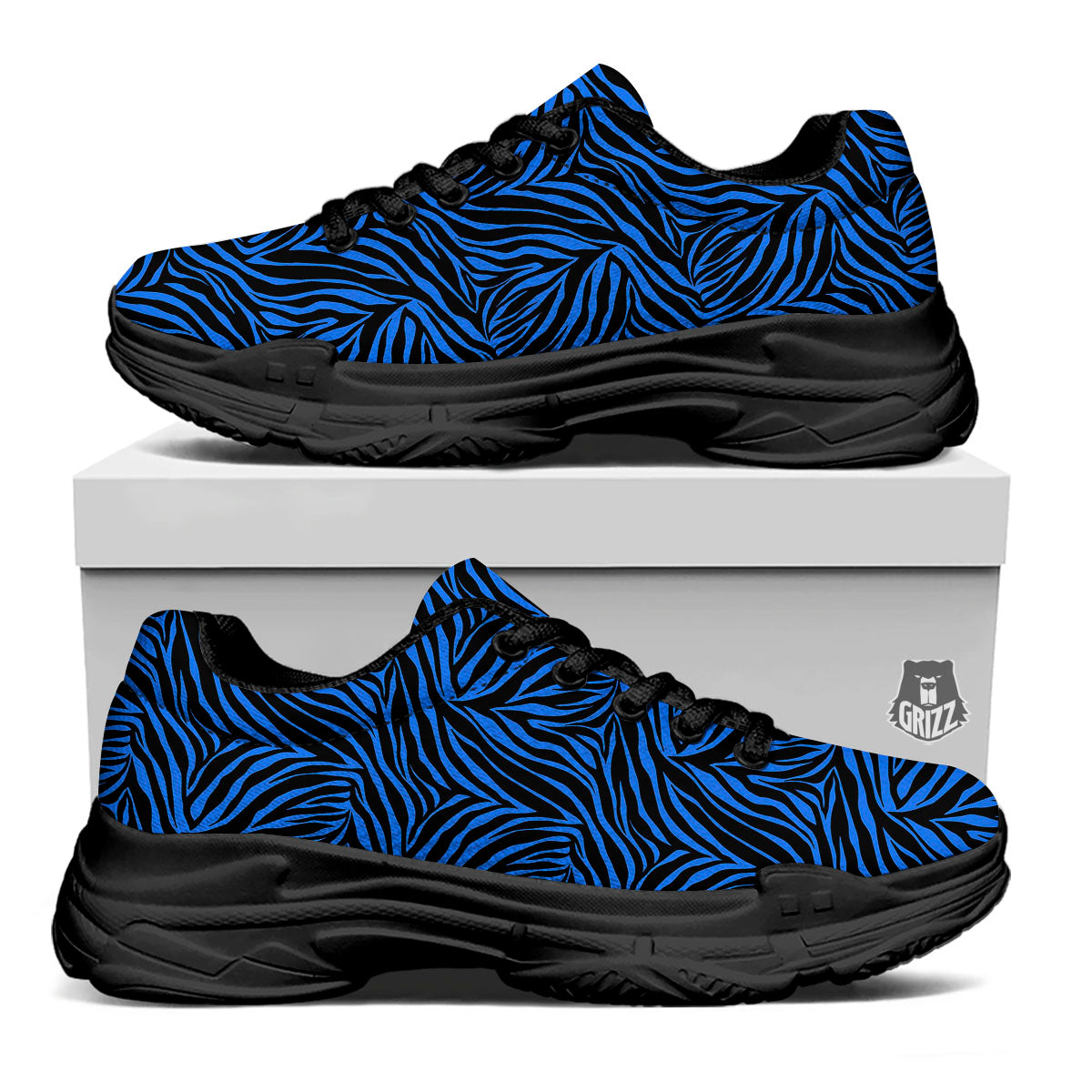 Zebra Black Blue Print Pattern Black Chunky Shoes-grizzshop