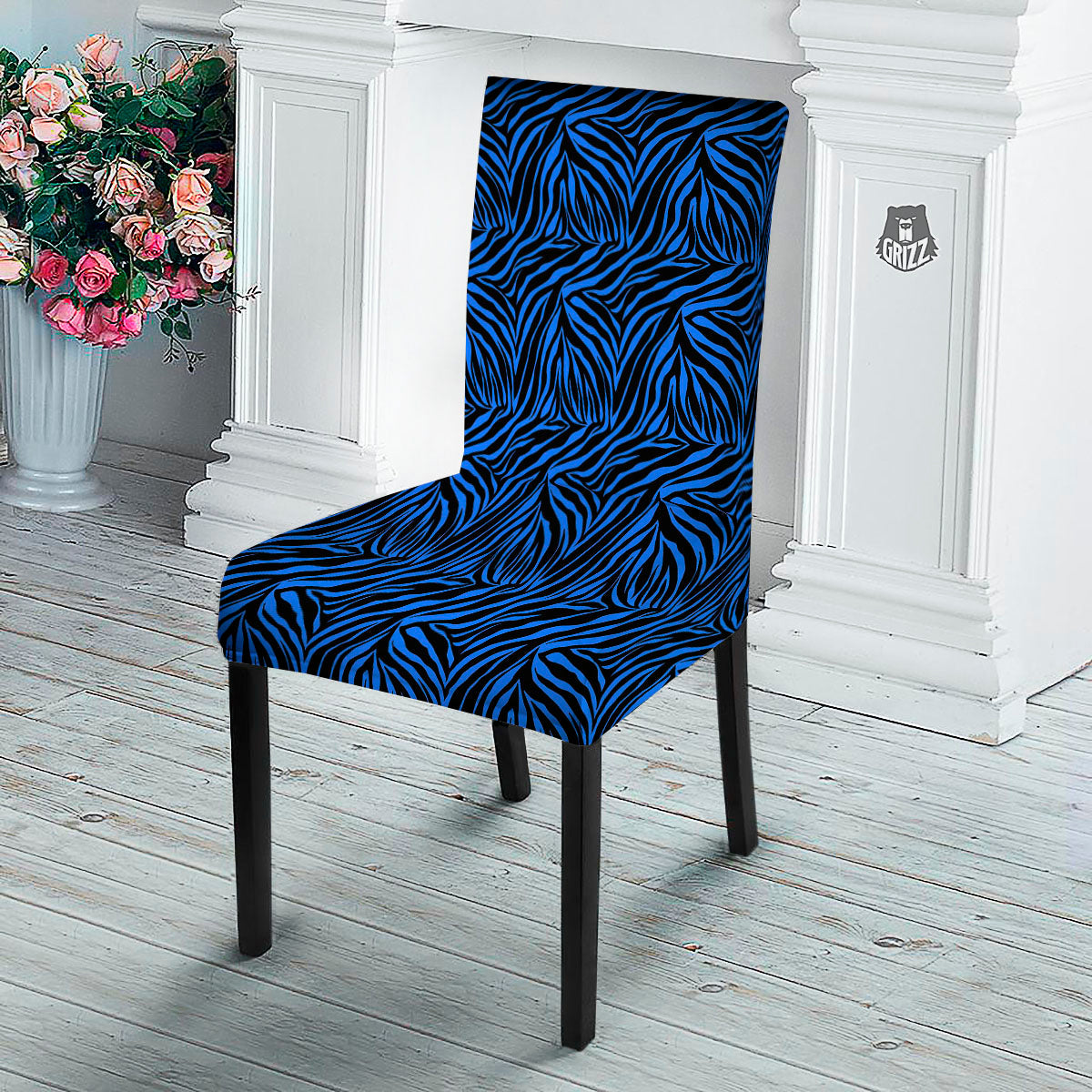 Zebra Black Blue Print Pattern Dining Chair Slipcover-grizzshop