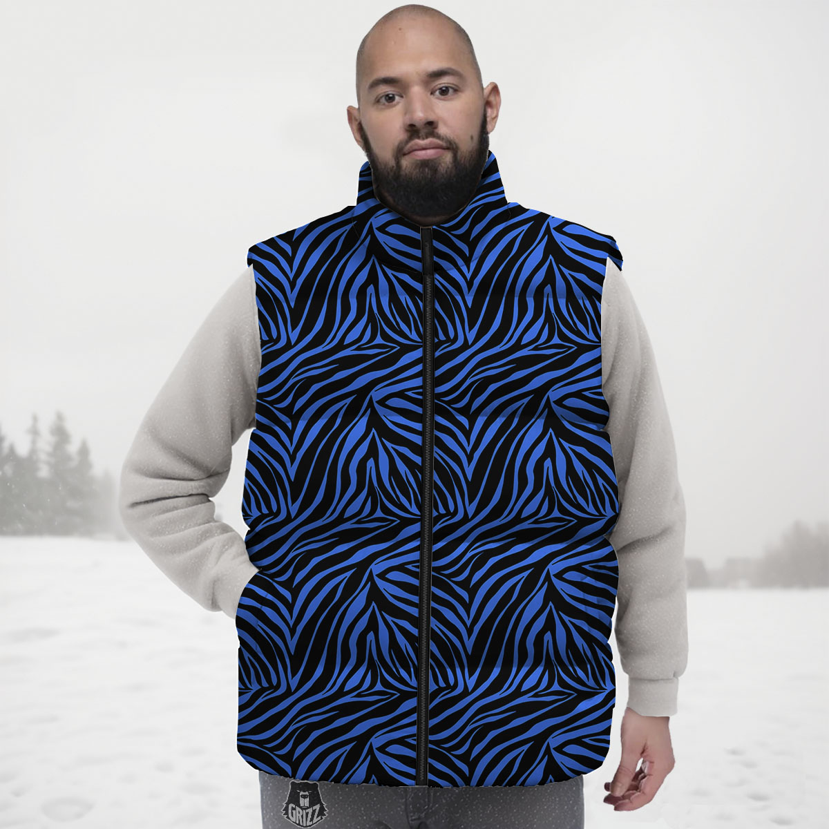 Zebra Black Blue Print Pattern Down Vest-grizzshop