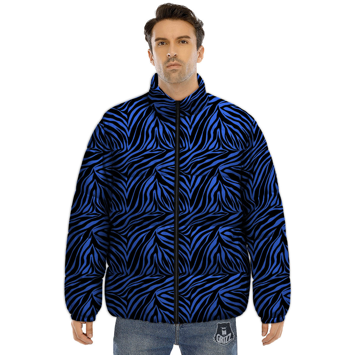 Zebra Black Blue Print Pattern Puffer Jacket-grizzshop