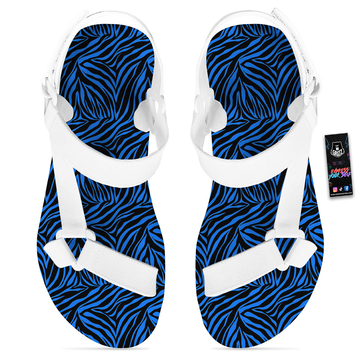 Zebra Black Blue Print Pattern White Open Toe Sandals-grizzshop