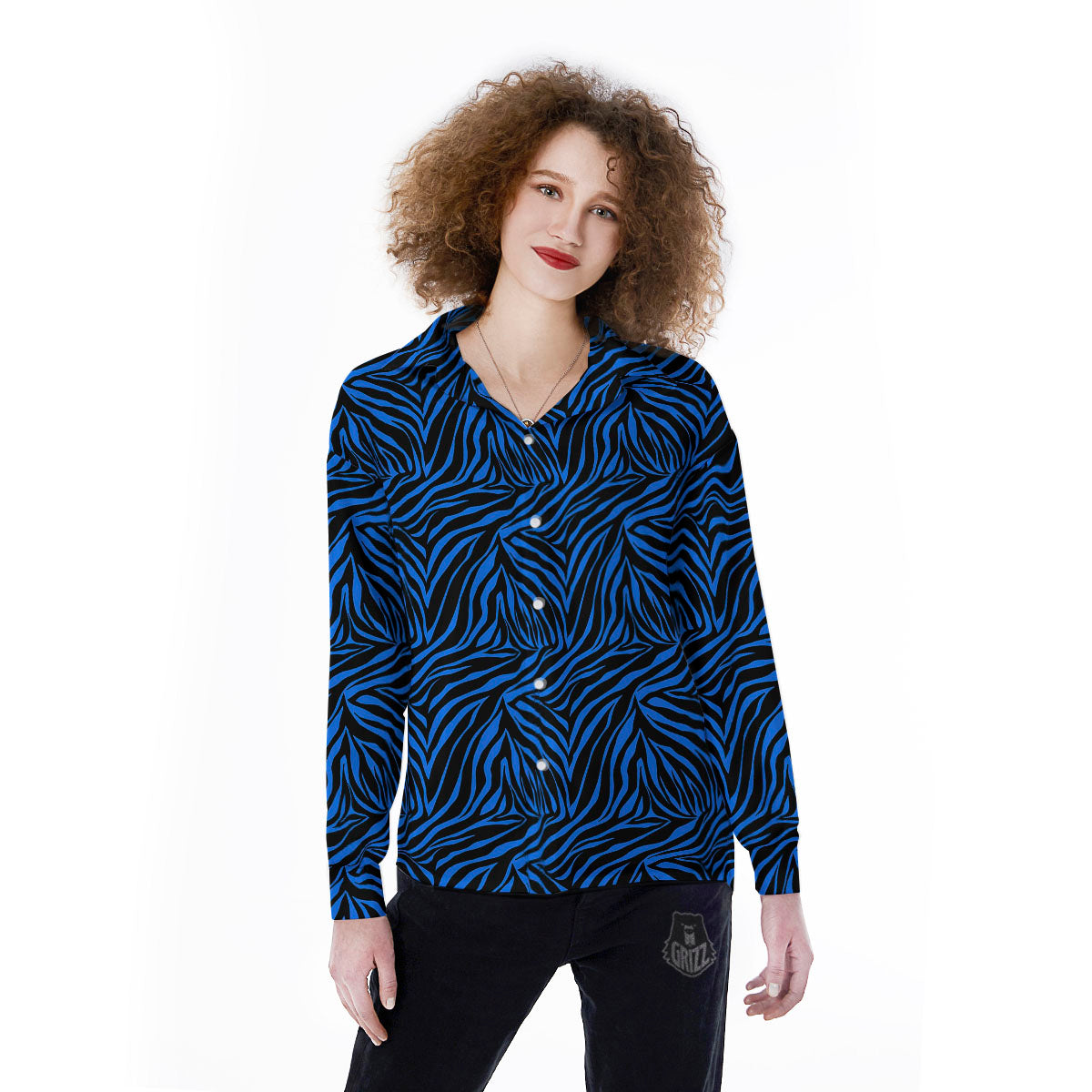 Zebra Black Blue Print Pattern Women's Long Sleeve Shirts-grizzshop