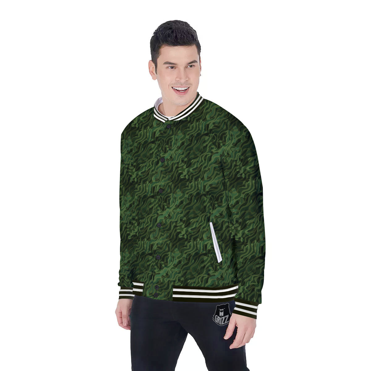 Zebra Camo Green Print Pattern Baseball Jacket-grizzshop