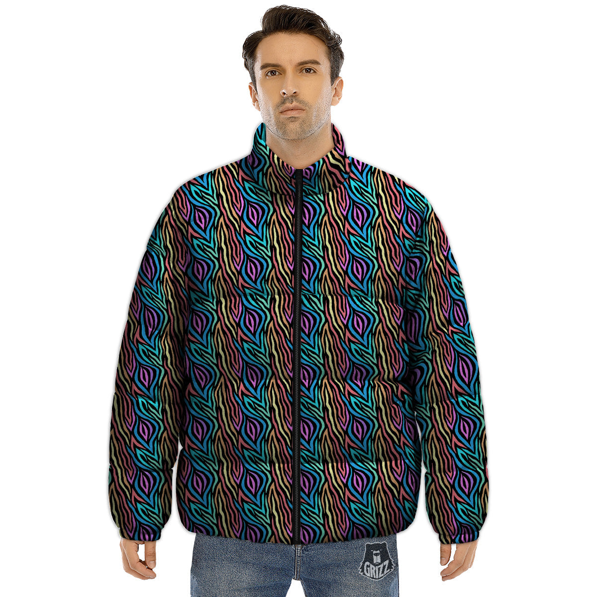 Zebra Colorful Print Pattern Puffer Jacket-grizzshop