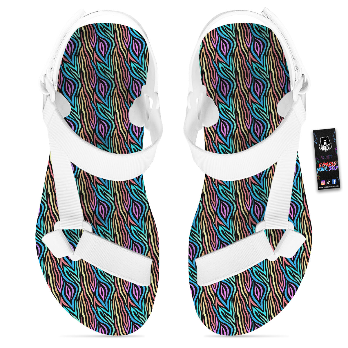 Zebra Colorful Print Pattern White Open Toe Sandals-grizzshop