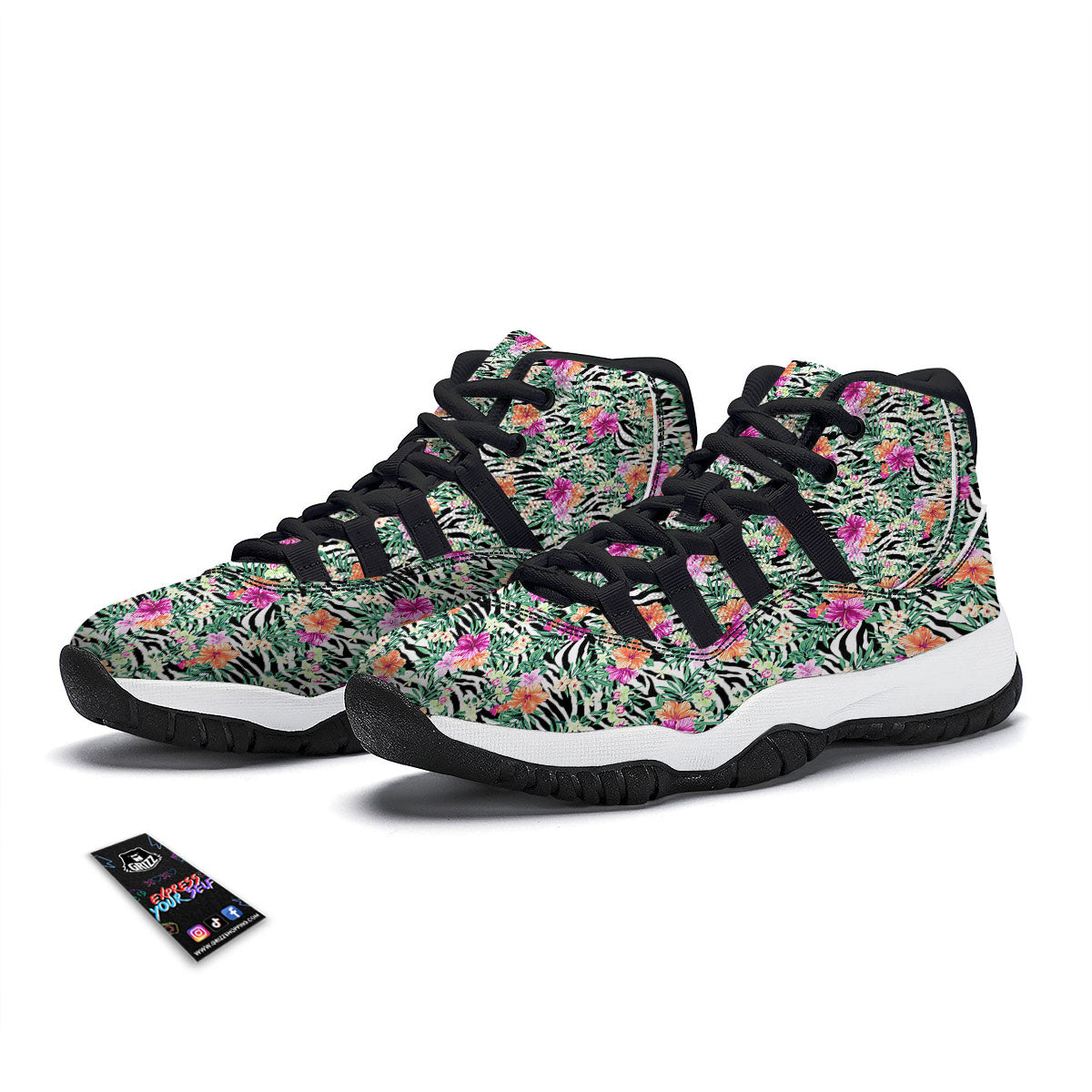 Zebra Floral Black White Print Pattern Black Bball Shoes-grizzshop