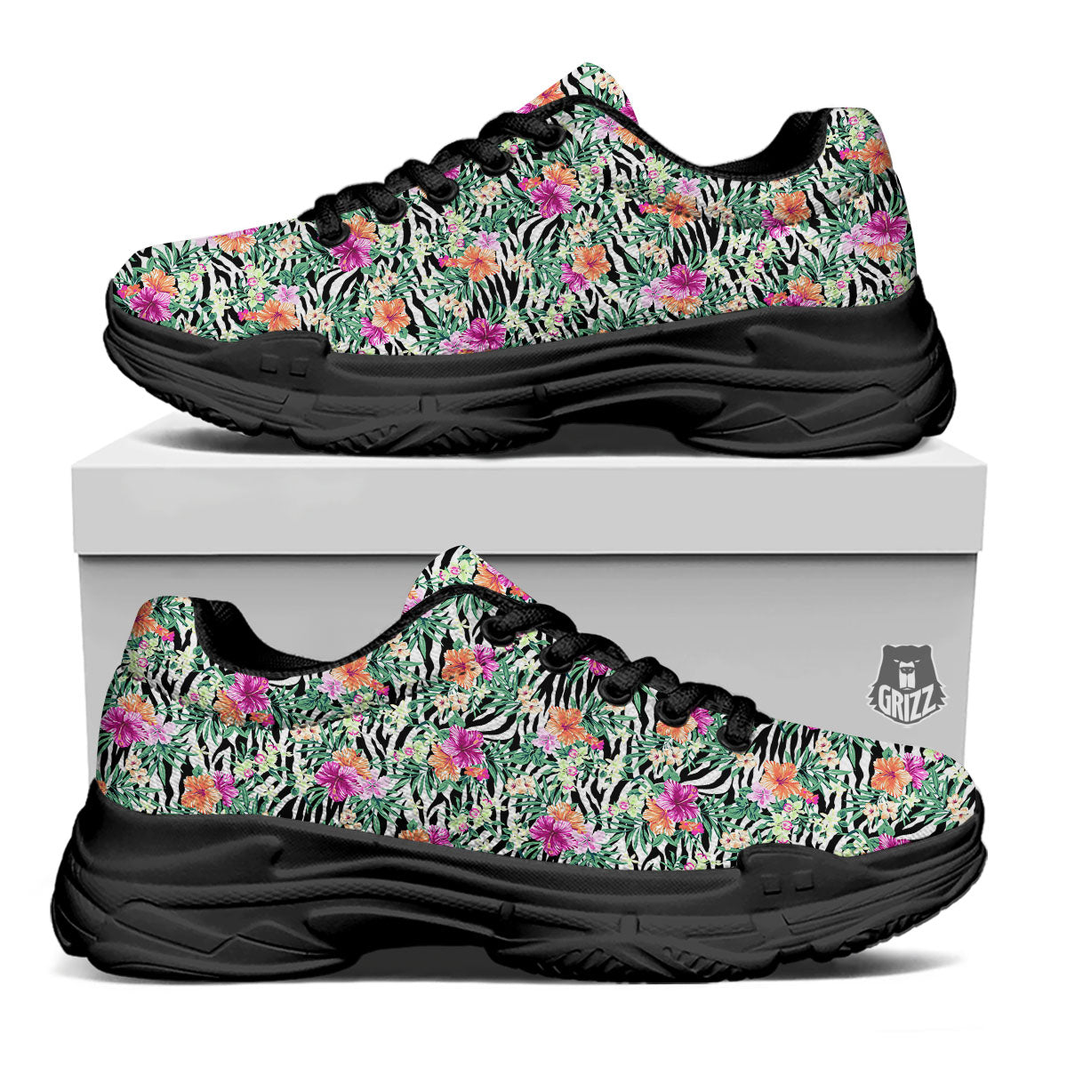 Zebra Floral Black White Print Pattern Black Chunky Shoes-grizzshop