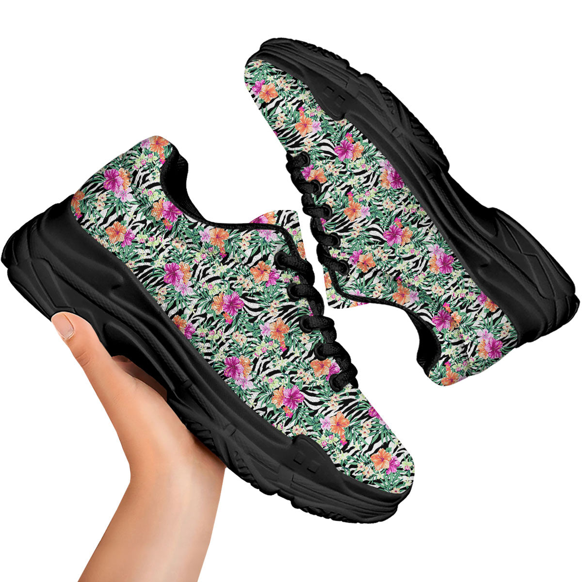 Zebra Floral Black White Print Pattern Black Chunky Shoes-grizzshop
