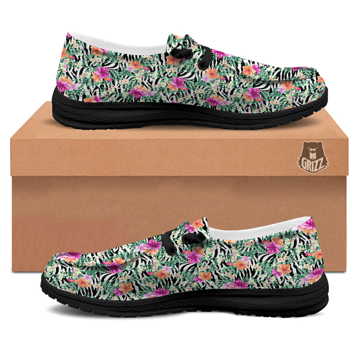 Zebra Floral Black White Print Pattern Black Loafers-grizzshop