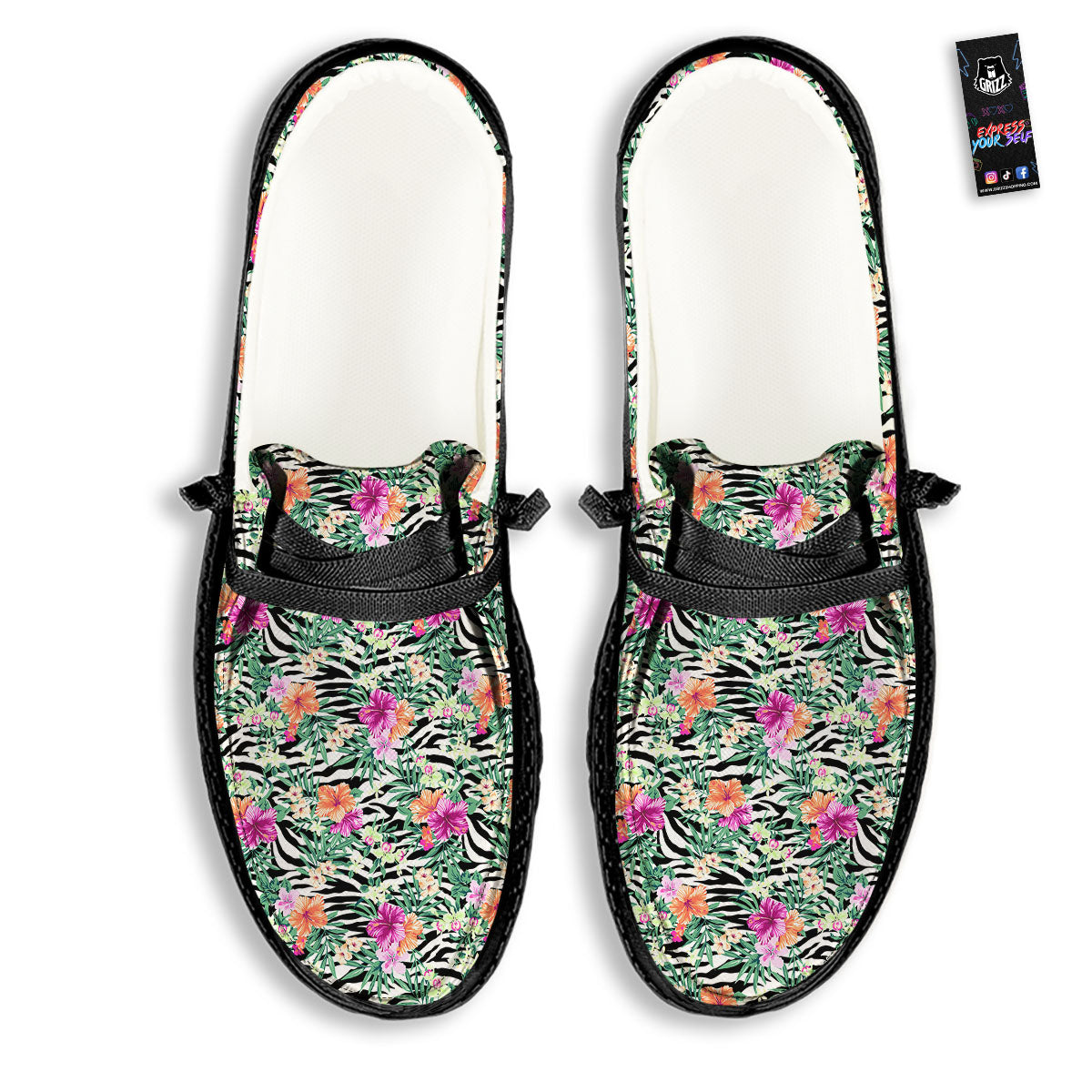 Zebra Floral Black White Print Pattern Black Loafers-grizzshop