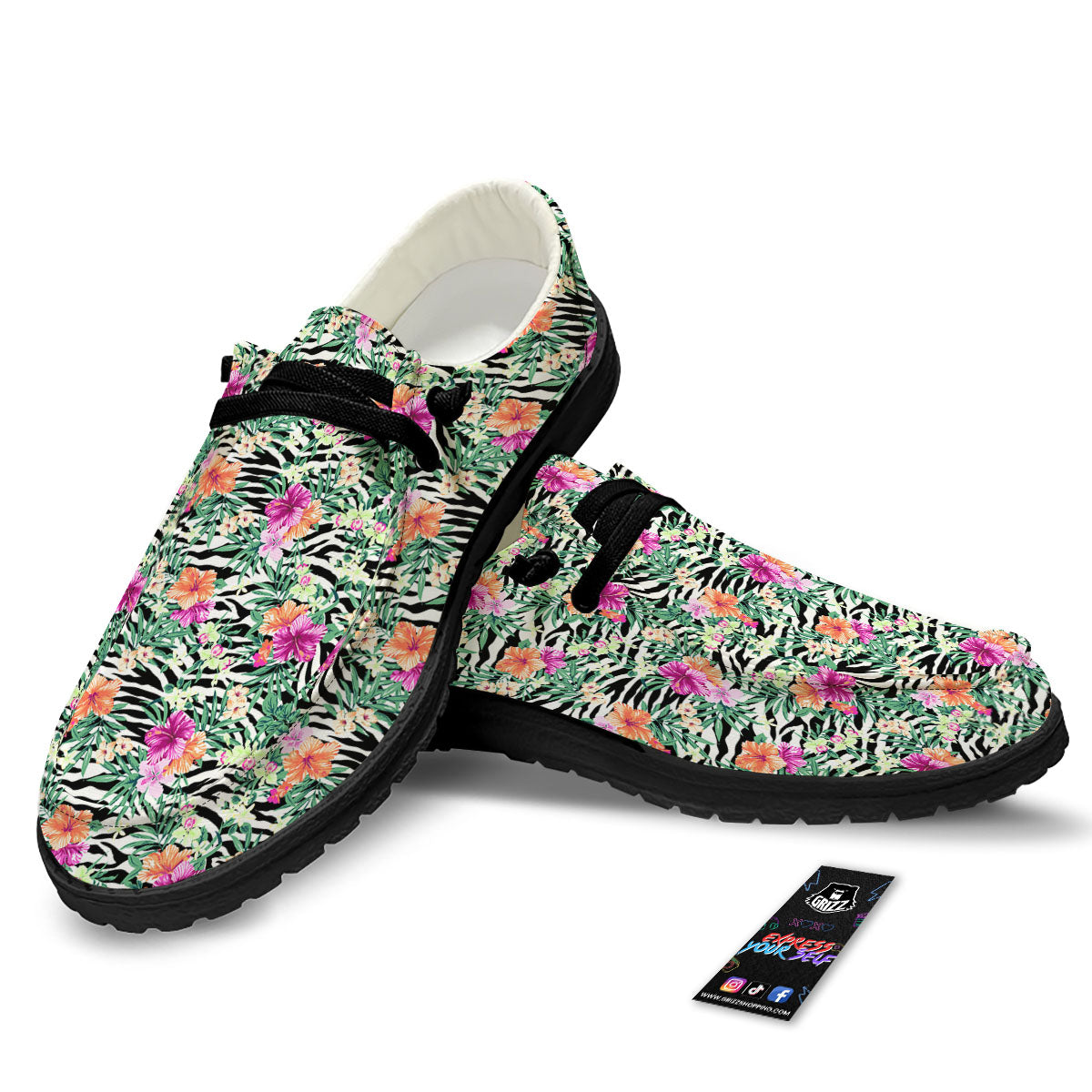 Zebra Floral Black White Print Pattern Black Loafers-grizzshop