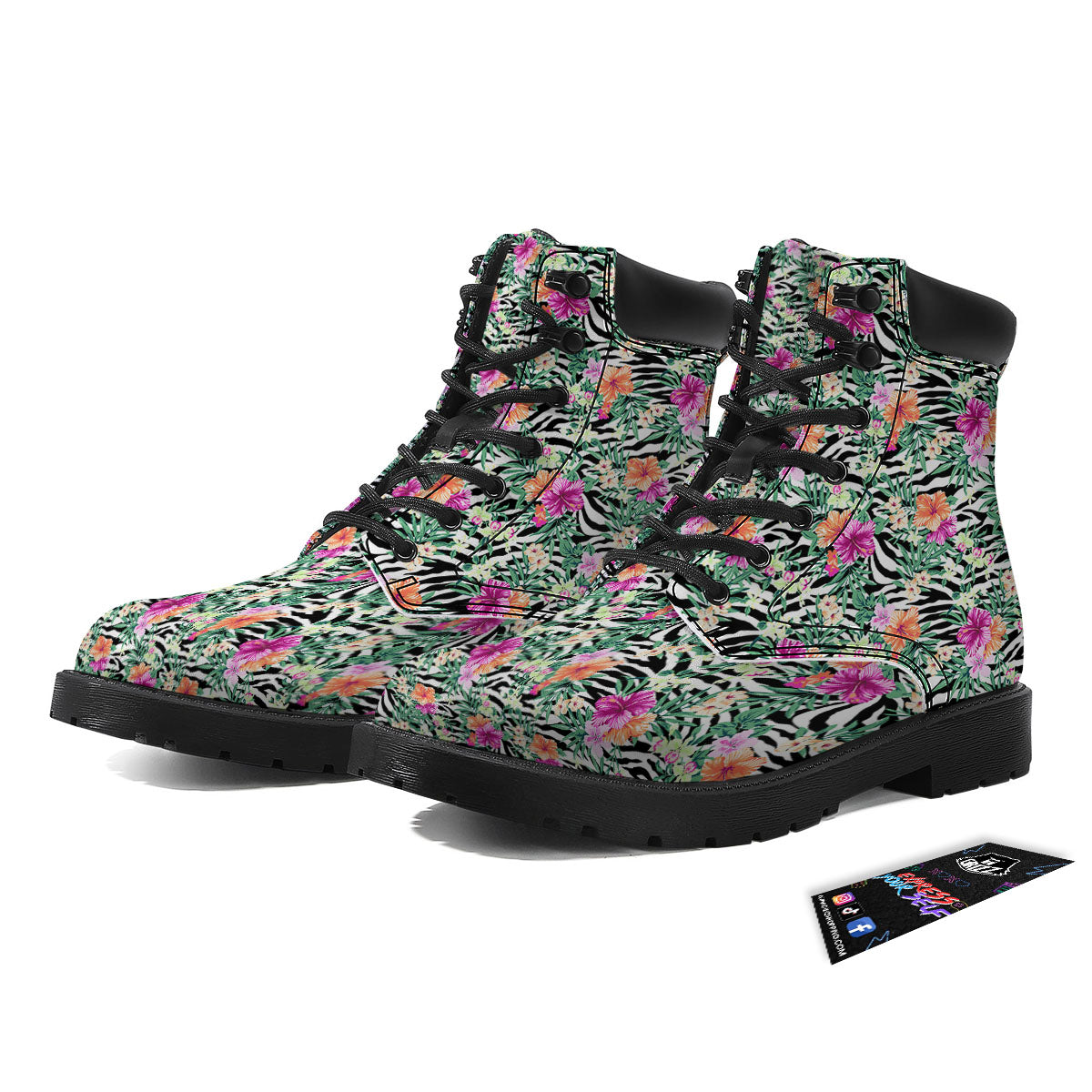 Zebra Floral Black White Print Pattern Boots-grizzshop