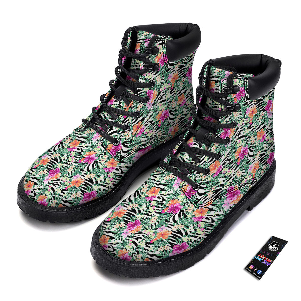 Zebra Floral Black White Print Pattern Boots-grizzshop