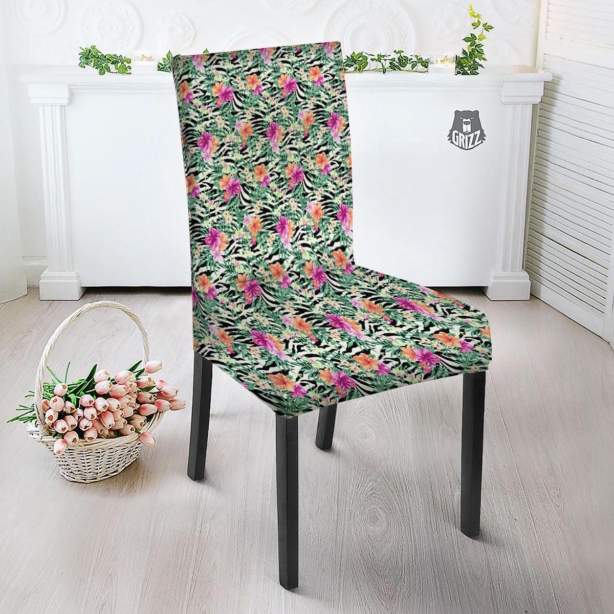 Zebra Floral Black White Print Pattern Dining Chair Slipcover-grizzshop