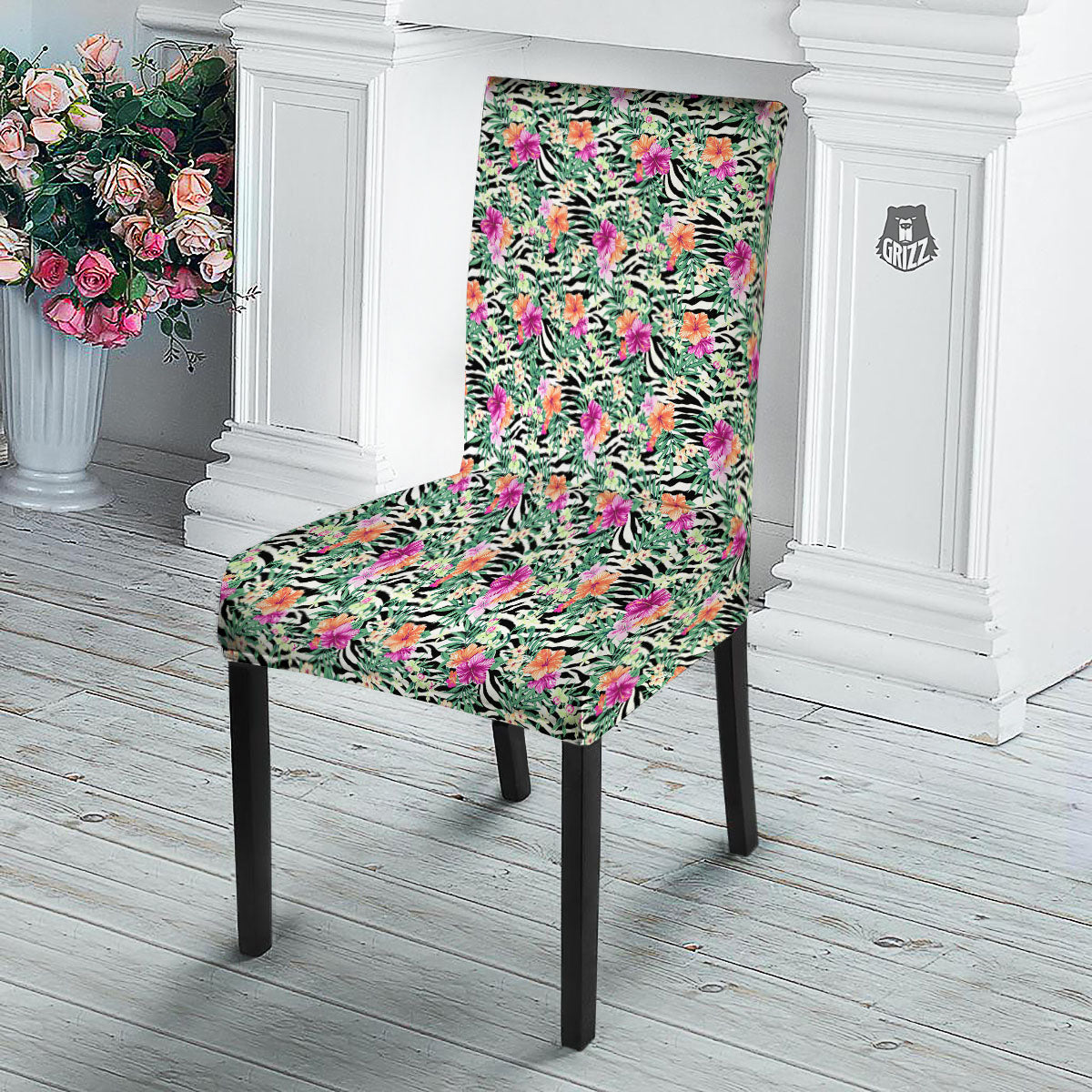 Zebra Floral Black White Print Pattern Dining Chair Slipcover-grizzshop