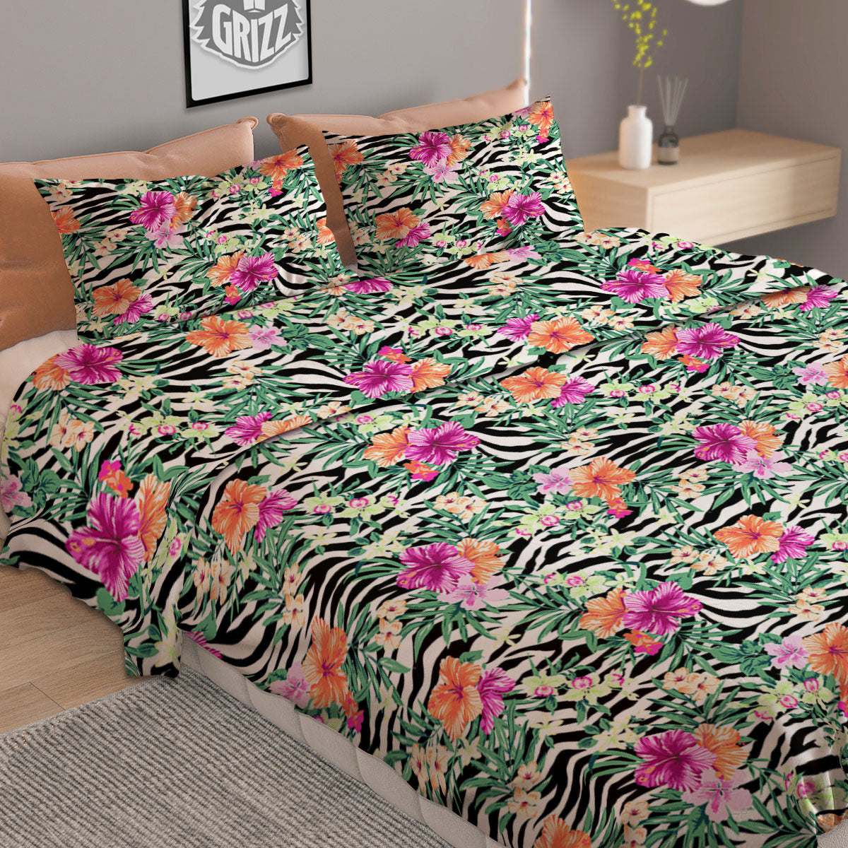 Zebra Floral Black White Print Pattern Duvet Cover Bedding Set