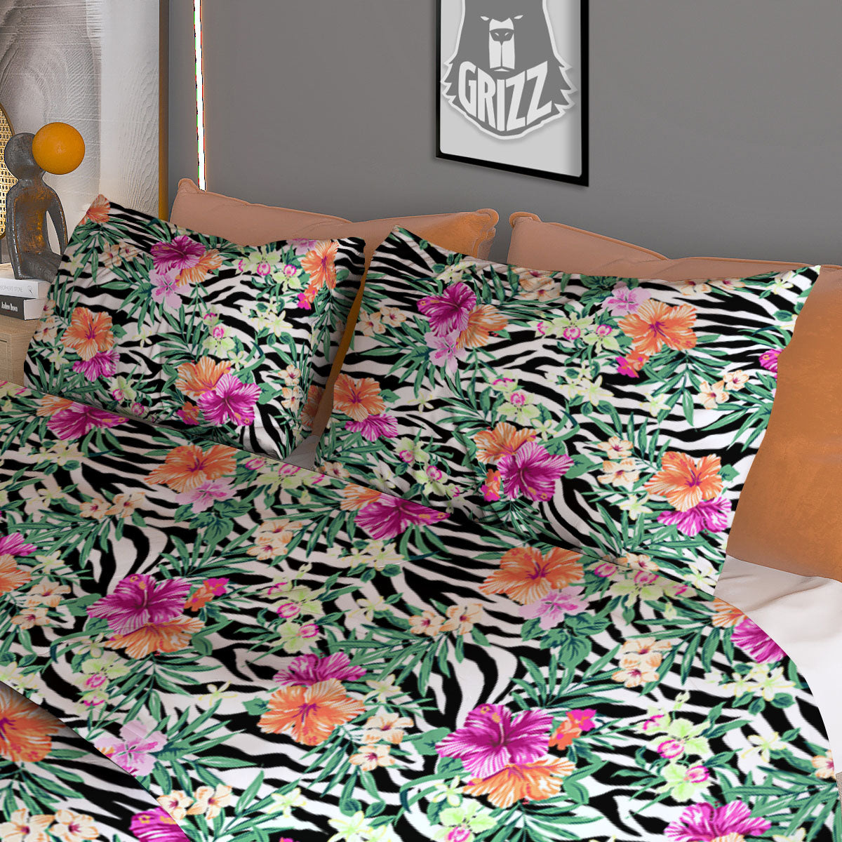 Zebra Floral Black White Print Pattern Duvet Cover Bedding Set