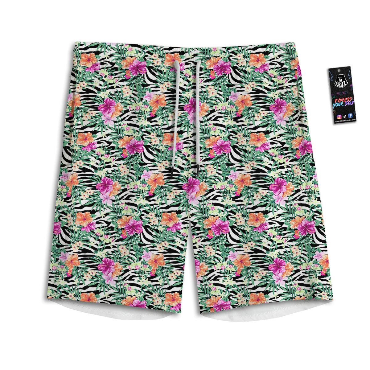 Zebra Floral Black White Print Pattern Men's Athletic Shorts