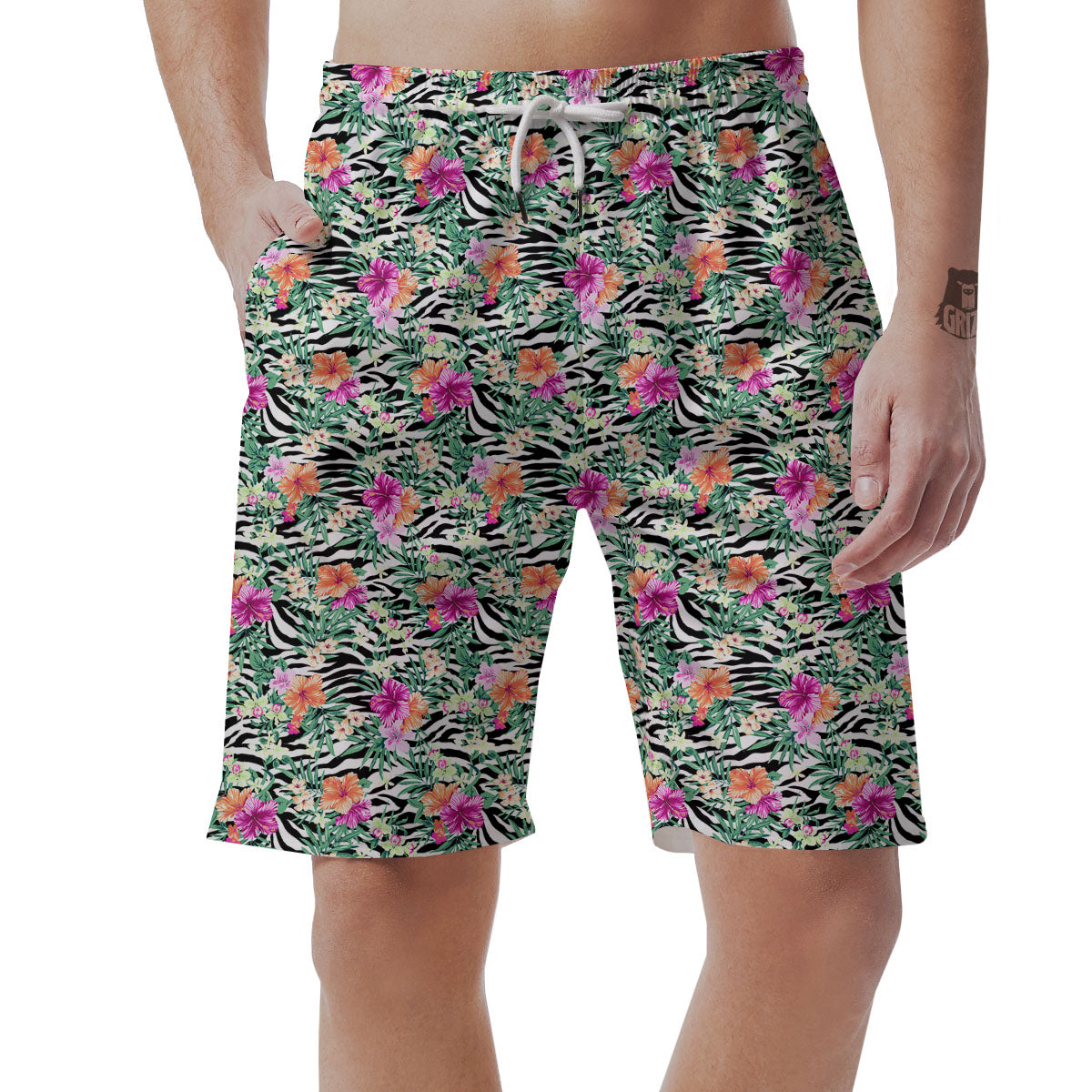 Zebra Floral Black White Print Pattern Men's Shorts-grizzshop
